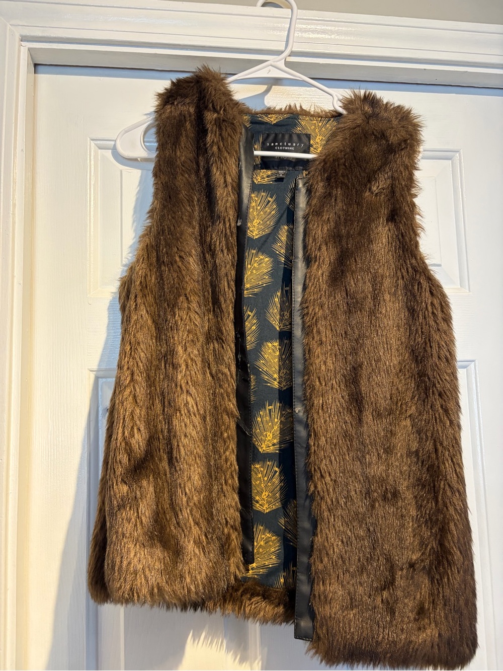 Sanctuary Brown Faux Fur Hooded Vest with Patterned Lining